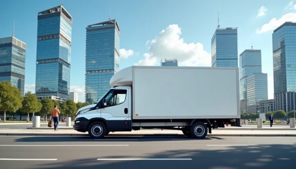 Camion de location blanc circulant devant les tours modernes du quartier d’affaires à Nanterre, illustration d’un service de location ada Nanterre.