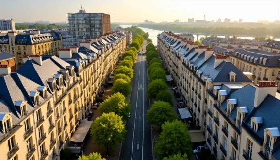 Location appartement Boulogne-Billancourt : avenue arborée bordée d’immeubles haussmanniens près de la Seine, vue aérienne au soleil levant