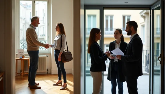 Agent immobilier accueillant une cliente pour une location appartement val de marne et visite d’un logement lumineux avec balcon.