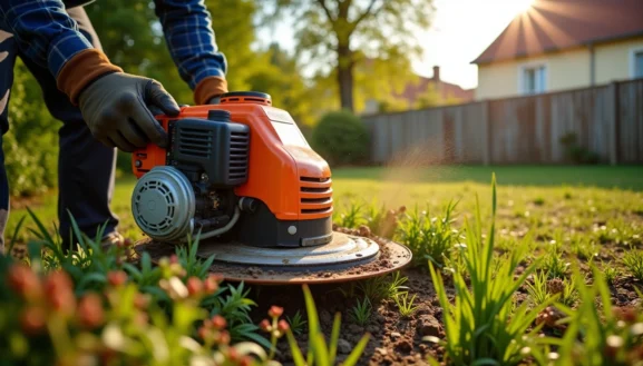 Location débroussailleuse Yvelines : utilisation d’une débroussailleuse thermique pour nettoyer un jardin et couper les herbes hautes.