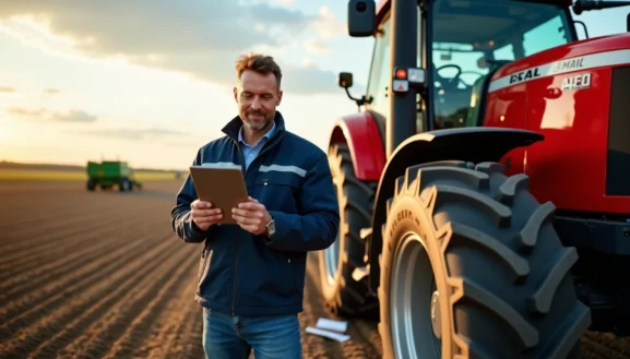 Homme agriculteur utilisant une tablette près d’un tracteur dans un champ, illustration de location matériel agricole Seine et Marne