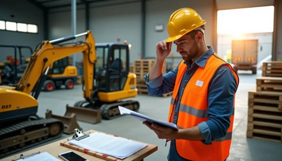 Homme en casque et gilet de sécurité vérifiant des documents dans un entrepôt avec mini-pelles, location matériel idf