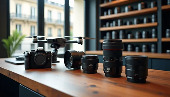 Location matériel photo Paris : appareil hybride, objectifs et drone posés sur une table dans un studio lumineux moderne.