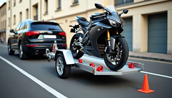 Location remorque moto : moto sportive noire sécurisée sur une remorque tractée par un SUV, stationnée en ville avec cône de signalisation