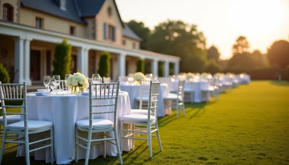 Location table chaise mariage en extérieur avec tables rondes nappées blanches et chaises élégantes sur pelouse au soleil