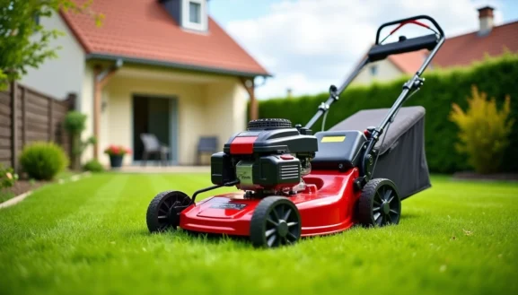 Location tondeuse thermique : tondeuse à gazon rouge sur une pelouse bien entretenue dans le jardin d’une maison.