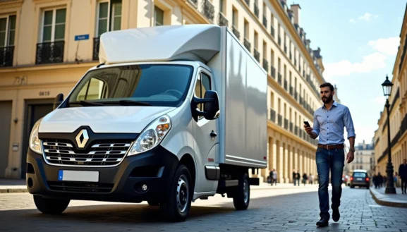 Camion utilitaire blanc stationné dans une rue parisienne avec un homme marchant à côté, illustration de location utilitaire paris 12.
