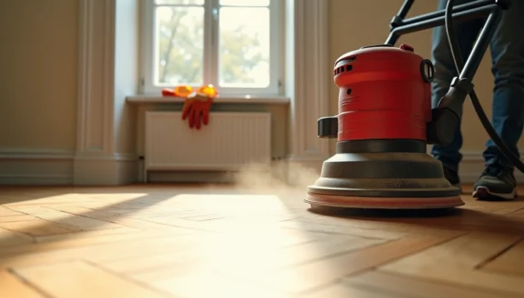 Louer ponceuse parquet : machine en train de poncer un parquet en bois dans une pièce lumineuse avec fenêtre et équipements de protection visibles