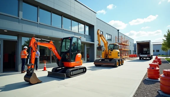 Mini-pelles et matériel de chantier devant un bâtiment industriel, illustration de la location d’équipements chez Loxam Evry.