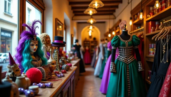 Magasins deguisements Paris : boutique chaleureuse avec costumes élégants sur mannequins, robes vertes vintage, accessoires colorés et vitrines décorées dans un décor lumineux et raffiné.
