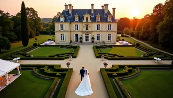 Mariage dans un château élégant au coucher du soleil, couple de mariés marchant dans des jardins à la française parfaitement entretenus