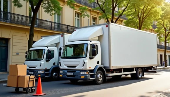 Camions de déménagement stationnés en ville avec cartons et diable, illustration du prix location camion