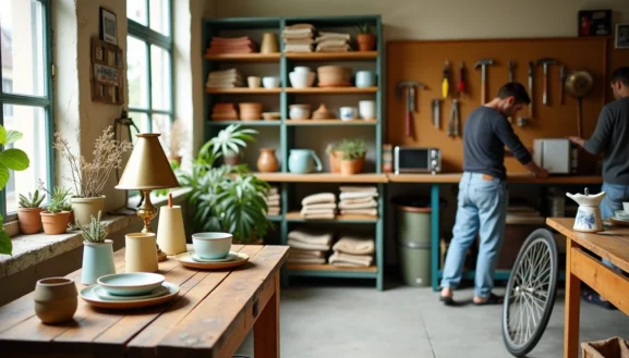 Atelier lumineux d’une recyclerie à proximité avec étagères de vaisselle réutilisée, outils accrochés au mur et personnes réparant un appareil.