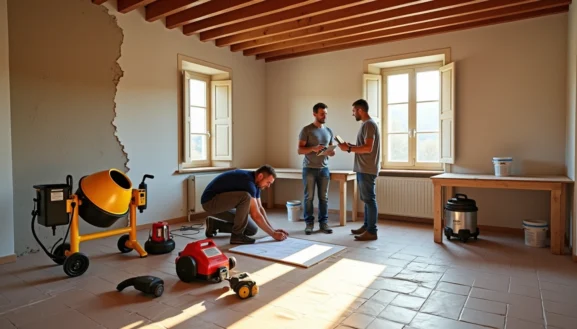 Rénovation maison Val-de-Marne : artisans analysant plans et travaux dans une pièce en cours de réhabilitation avec outils et matériaux
