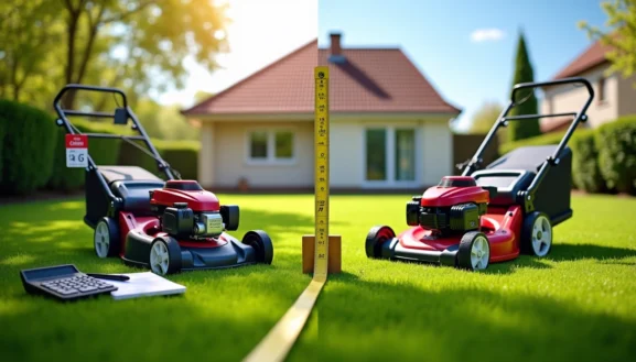 Tonte pelouse : comparaison de deux tondeuses sur gazon devant une maison, avec mètre et outils pour mesurer la surface à entretenir