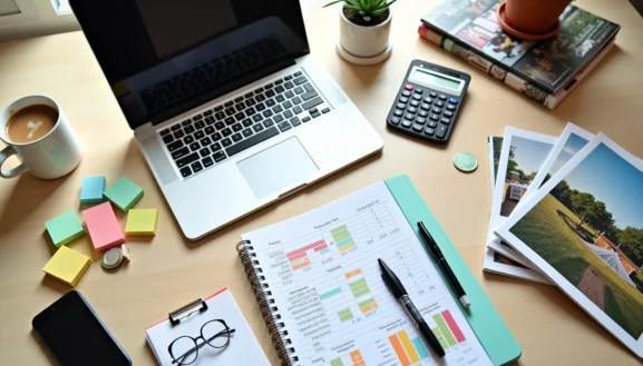 Ordinateur portable et carnet avec graphiques de budget evenement, calculatrice, photos et fournitures organisées sur un bureau.