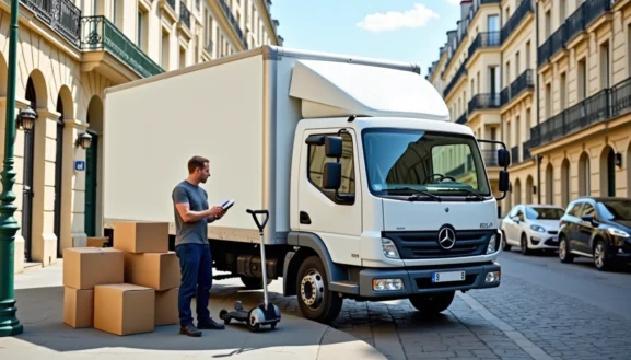 Location camion déménagement Paris : homme charge des cartons dans un utilitaire stationné devant un immeuble parisien