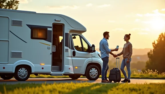 Location camping car entre particulier : couple échange les clés devant un camping-car au coucher du soleil, prêt pour un voyage.