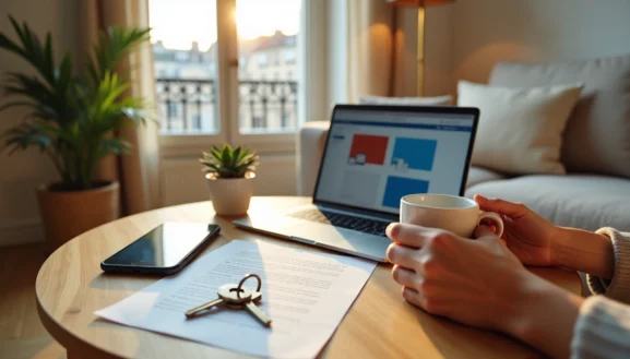 Location entre particuliers : personne tenant une tasse devant un ordinateur avec annonce immobilière, clés et contrat sur la table lumineuse