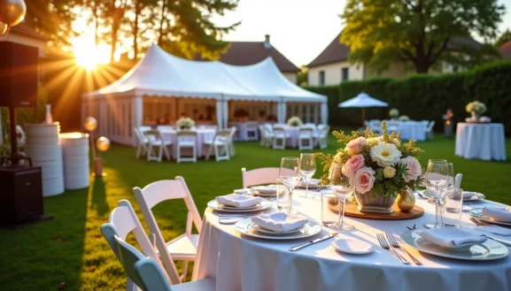 Location matériel de fête : tables dressées et tente élégante pour réception en extérieur au coucher du soleil dans un jardin décoré.