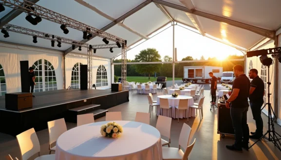 Tente de réception avec scène, éclairage et tables dressées au coucher du soleil, installation de location matériel événementiel 95