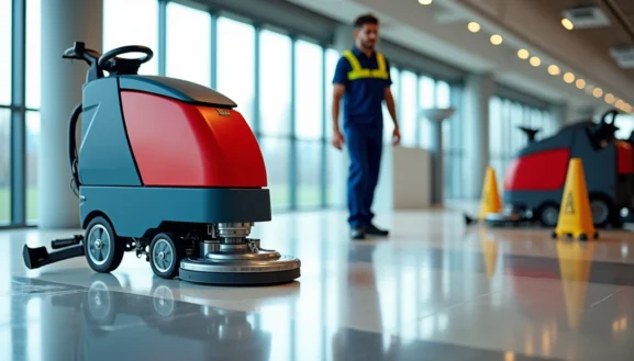 Location matériel nettoyage professionnel : autolaveuse industrielle nettoyant un sol brillant dans un hall moderne avec agent d’entretien en arrière-plan