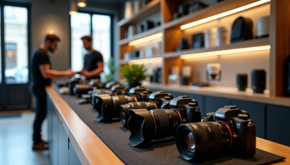 Magasin de location matériel photo avec appareils et objectifs alignés sur un comptoir, deux clients discutant avec un vendeur.