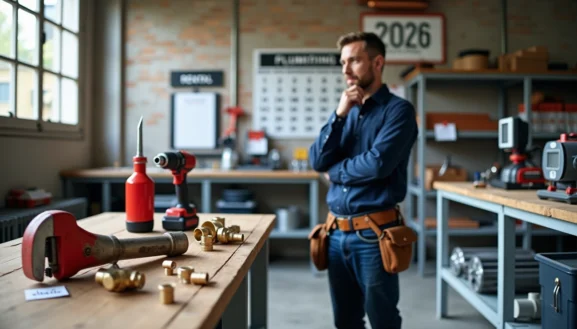 location matériel plomberie : artisan dans un atelier avec outils et raccords de plomberie professionnels