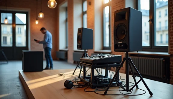 Location matériel sonorisation île-de-france : enceinte, table de mixage et casque installés dans un espace moderne lumineux
