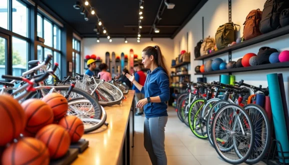 Magasin de location matériel sportif 93 avec vélos, ballons et équipements variés, conseillère aidant des clients à choisir leur matériel sportif adapté