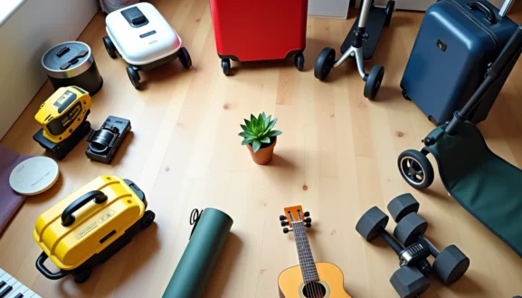 Location objets quotidien Paris : divers objets du quotidien disposés au sol, valises, trottinette, guitare, haltères et plante au centre