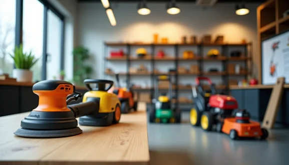 Location outils rénovation Yvelines : ponceuse électrique et équipements de jardin exposés dans un atelier moderne lumineux