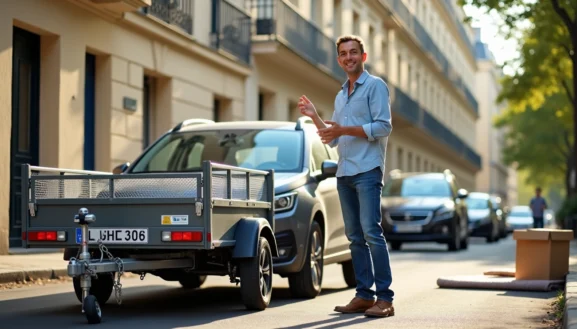 Location remorque particulier Paris : homme souriant avec une remorque attelée à une voiture en pleine rue résidentielle.