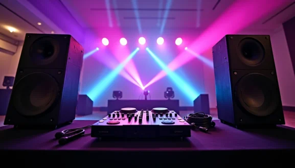 Location sono lumière 93 : installation DJ avec platines, enceintes puissantes et jeux de lumières colorés pour soirée événementielle