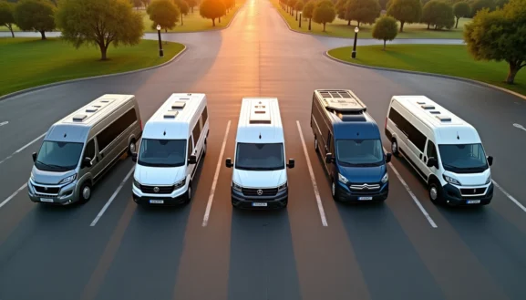 Location véhicule loisirs particulier : cinq vans aménagés alignés sur un parking au lever du soleil, entourés d’arbres verdoyants