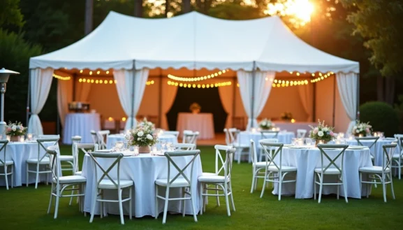 Organisation baptême en extérieur sous tente blanche avec tables décorées et guirlandes lumineuses