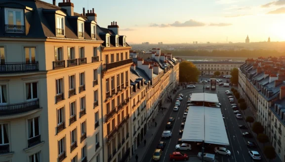 Où investir en Île-de-France : vue de Paris au coucher du soleil avec immeubles haussmanniens, rue animée et parking en contrebas