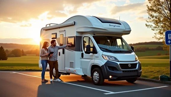 Couple devant un camping-car moderne au coucher du soleil, évoquant le prix moyen location camping car et le voyage sur route