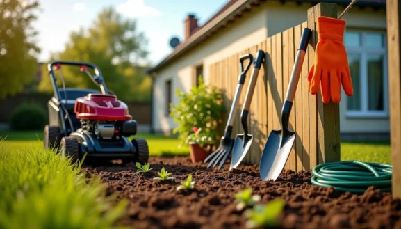 jardinage pour débutants : outils, tondeuse et jeunes pousses dans un jardin ensoleillé près d’une maison