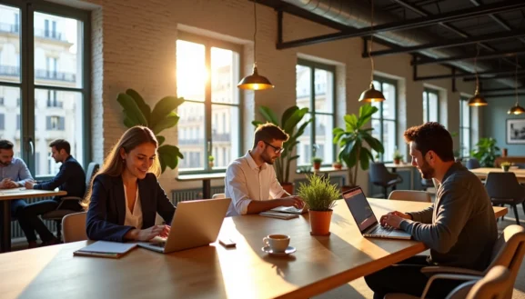 Espace de coworking moderne avec entrepreneurs travaillant sur ordinateurs portables, idéal pour location bureau entrepreneur idf lumineuse et conviviale