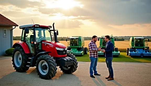 Location matériel agricole 77 : tracteur rouge et moissonneuses dans une exploitation agricole avec deux hommes en discussion au coucher du soleil.