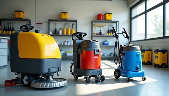 Location matériel nettoyage 91 : autolaveuses et aspirateurs professionnels dans un atelier lumineux