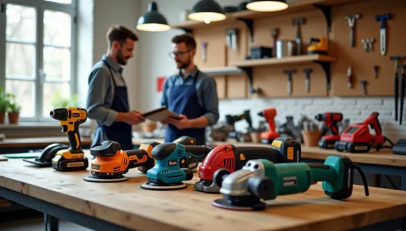 Location outils électroportatifs Paris : atelier avec perceuses, ponceuses et artisans au travail