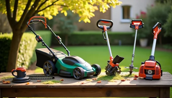 location outils jardinage paris : tondeuse et outils de jardin motorisés exposés dans un jardin